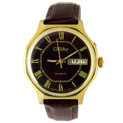 Часы "Слава" бордово-коричневые календарные в позолоченном корпусе